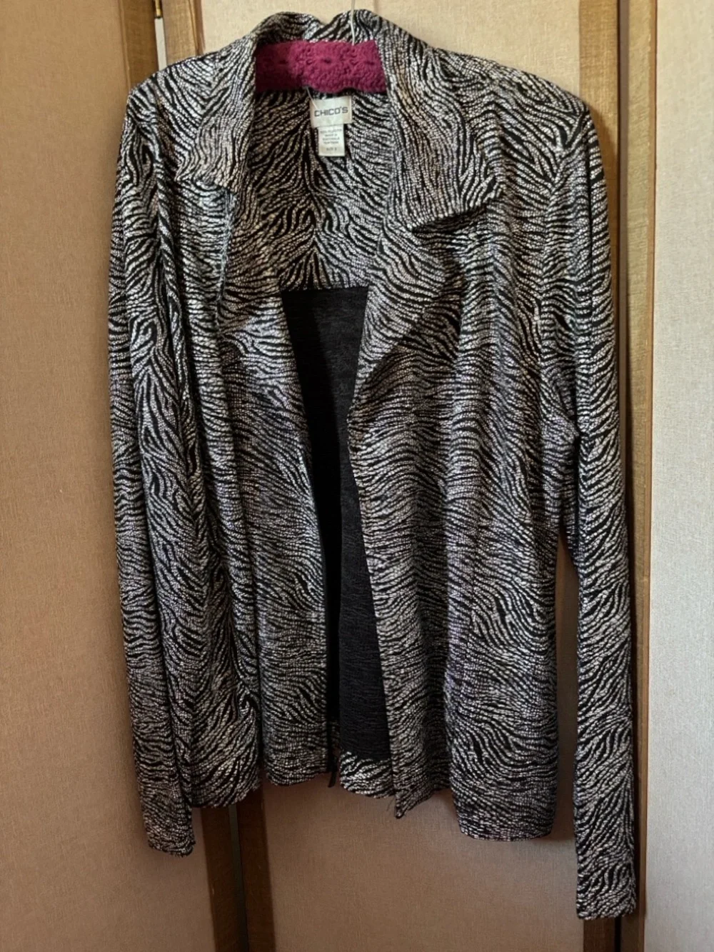 Black & White Chicos Zip Front Zebra-Print Blazer Jacket 3 XL